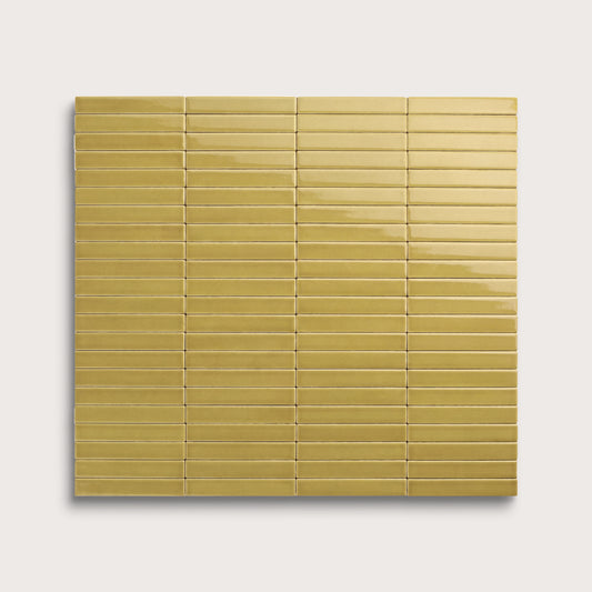 Citron ceramic tile, 1 by 6 inch stacked mosaic, gloss finish