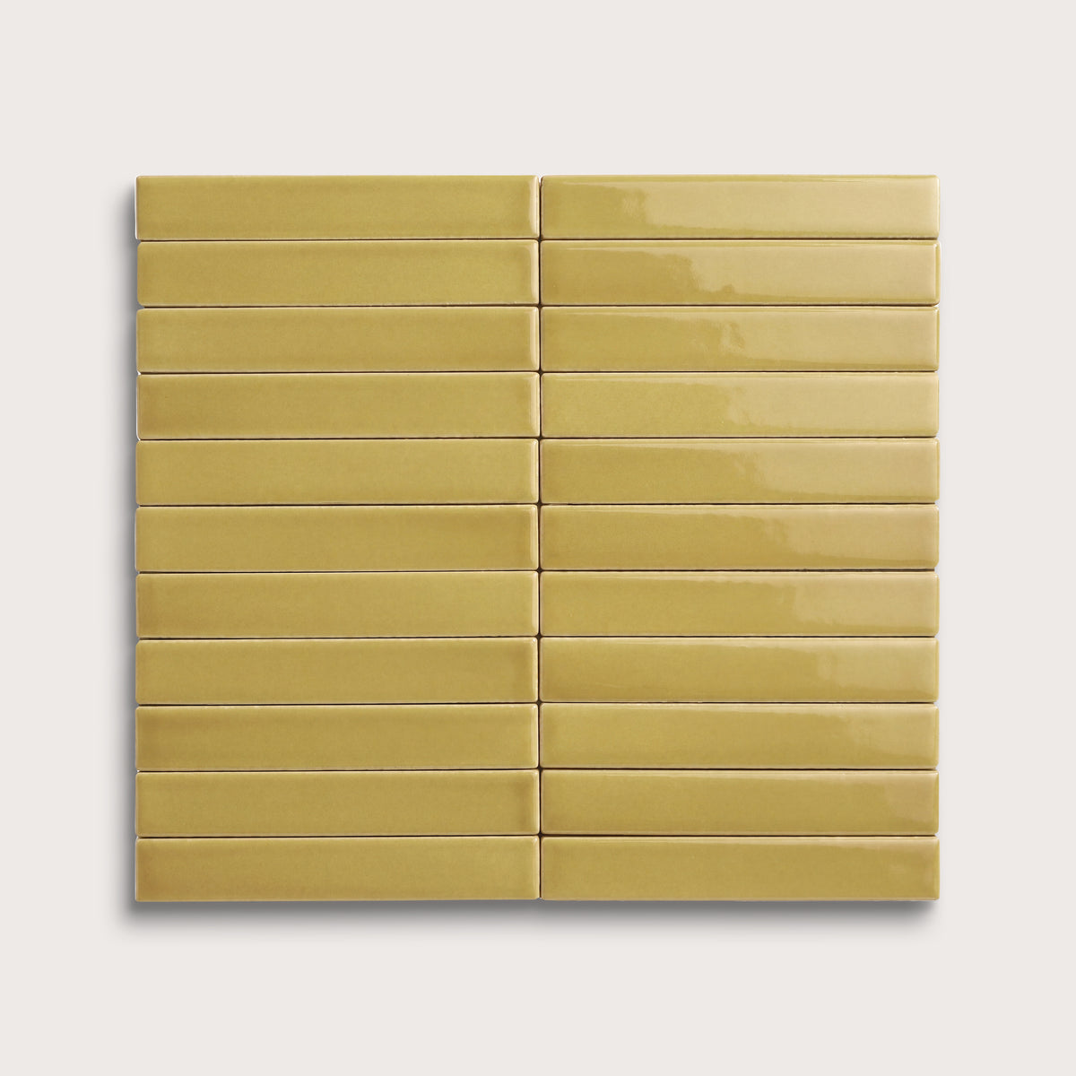 Citron ceramic tile, 1 by 6 inch stacked mosaic, gloss finish