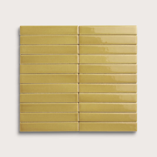 Citron ceramic tile, 1 by 6 inch stacked mosaic, gloss finish