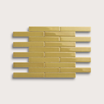 Citron ceramic tile, 1 by 6 inch subway mosaic, gloss finish