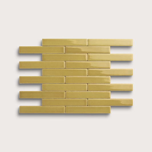 Citron ceramic tile, 1 by 6 inch subway mosaic, gloss finish
