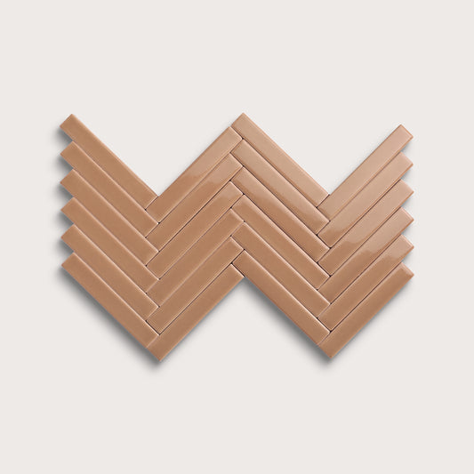 Clay ceramic tile, 1 by 6 inch herringbone mosaic, gloss finish