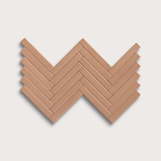 Clay ceramic tile, 1 by 6 inch herringbone mosaic, matte finish