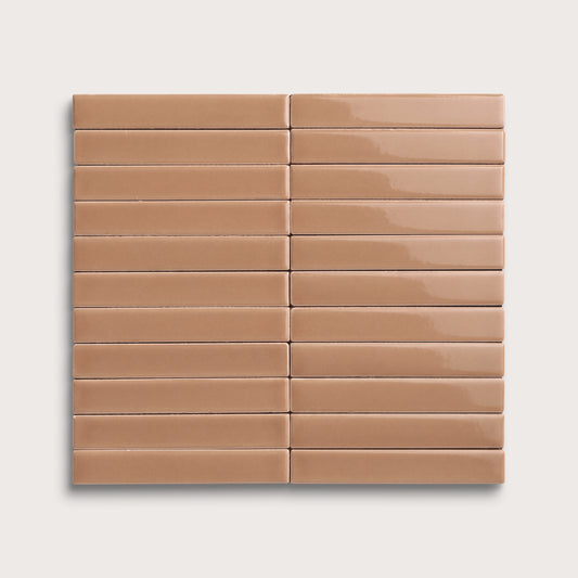 Clay ceramic tile, 1 by 6 inch stacked mosaic, gloss finish