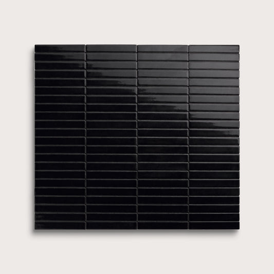 Deep Black ceramic tile, 1 by 6 inch stacked mosaic, gloss finish