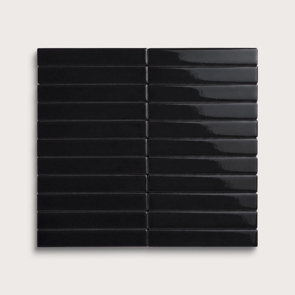 Deep Black ceramic tile, 1 by 6 inch stacked mosaic, gloss finish