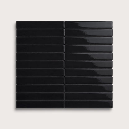 Deep Black ceramic tile, 1 by 6 inch stacked mosaic, gloss finish