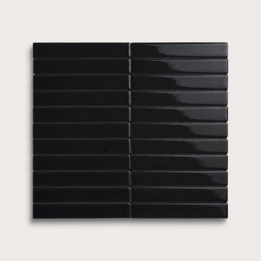 Deep Black ceramic tile, 1 by 6 inch stacked mosaic, gloss finish