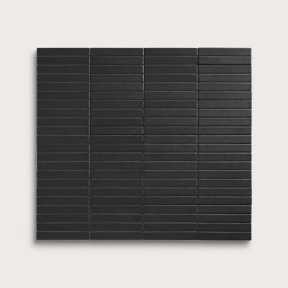 Deep Black ceramic tile, 1 by 6 inch stacked mosaic, matte finish