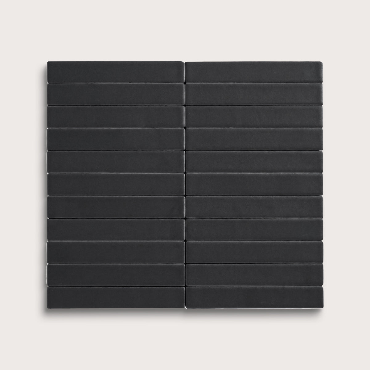 Deep Black ceramic tile, 1 by 6 inch stacked mosaic, matte finish