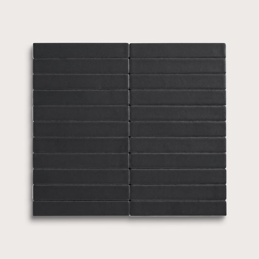 Deep Black ceramic tile, 1 by 6 inch stacked mosaic, matte finish
