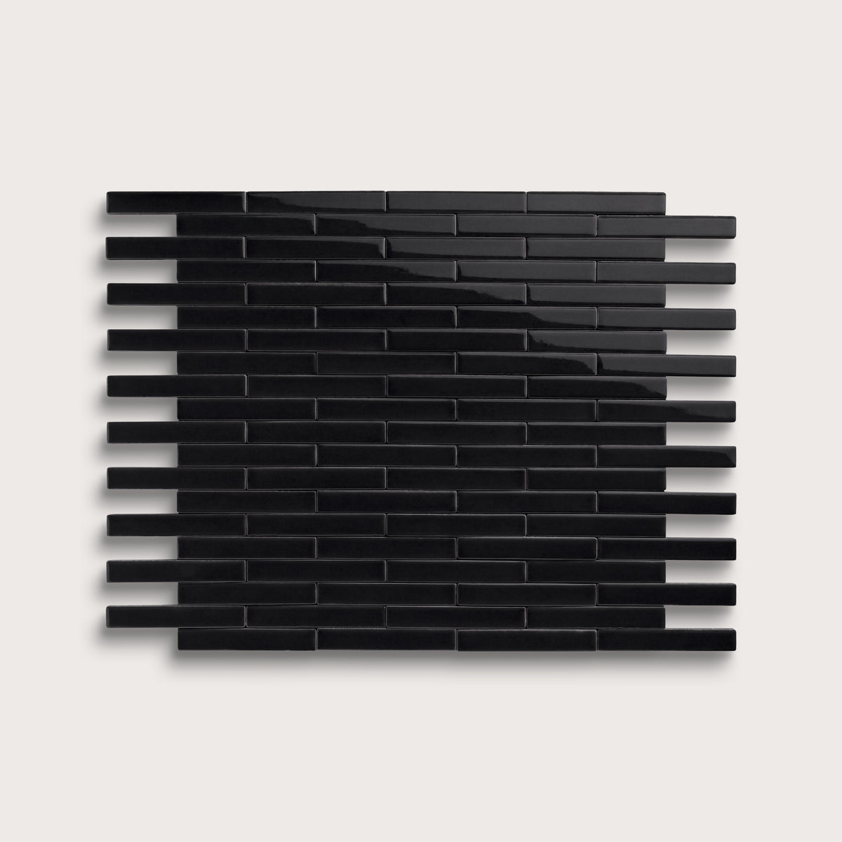 Deep Black ceramic tile, 1 by 6 inch subway mosaic, gloss finish