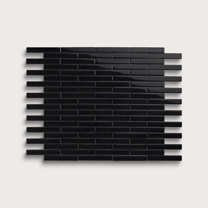 Deep Black ceramic tile, 1 by 6 inch subway mosaic, gloss finish