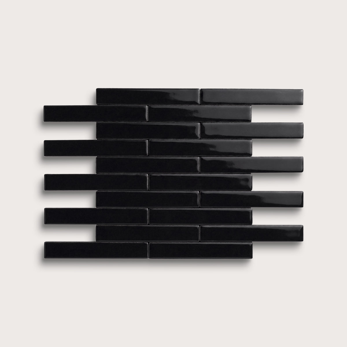Deep Black ceramic tile, 1 by 6 inch subway mosaic, gloss finish