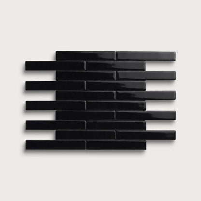 Deep Black ceramic tile, 1 by 6 inch subway mosaic, gloss finish
