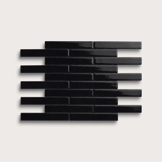 Deep Black ceramic tile, 1 by 6 inch subway mosaic, gloss finish