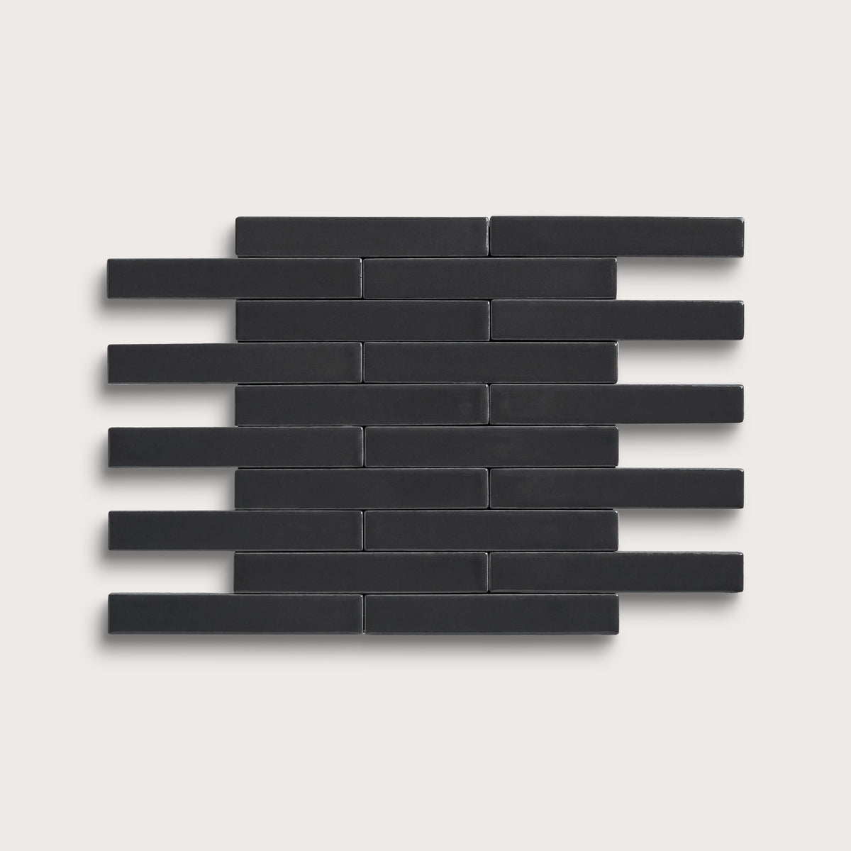 Deep Black ceramic tile, 1 by 6 inch subway mosaic, matte finish