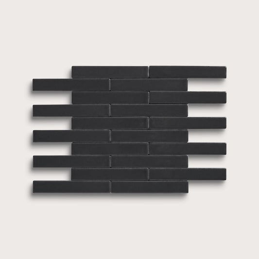 Deep Black ceramic tile, 1 by 6 inch subway mosaic, matte finish
