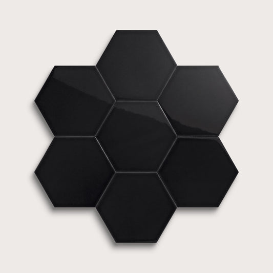 Deep Black ceramic tile, 8 inch hex, gloss finish