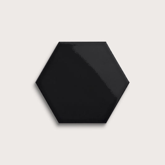 Deep Black ceramic tile, 8 inch hex, gloss finish