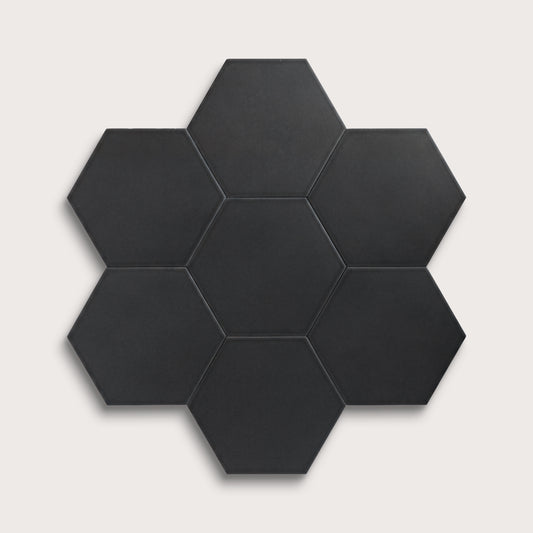 Deep Black ceramic tile, 8 inch hex, matte finish