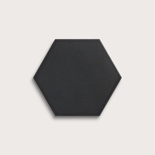 Deep Black ceramic tile, 8 inch hex, matte finish