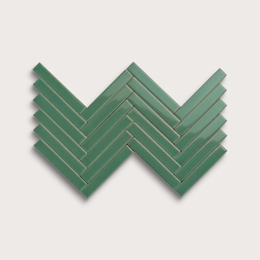 Evergreen ceramic tile, 1 by 6 inch herringbone mosaic, gloss finish