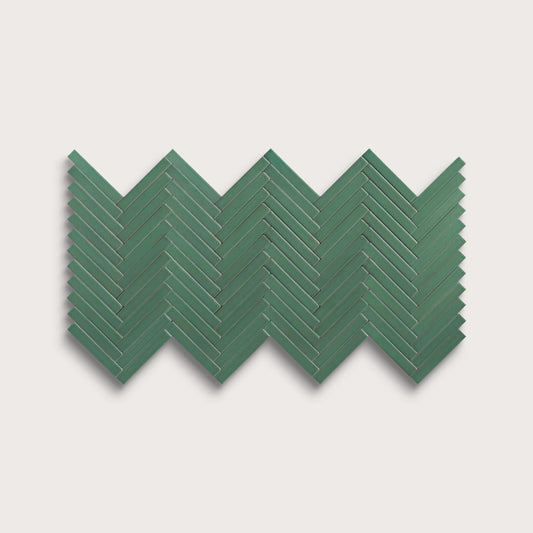 Evergreen ceramic tile, 1 by 6 inch herringbone mosaic, matte finish