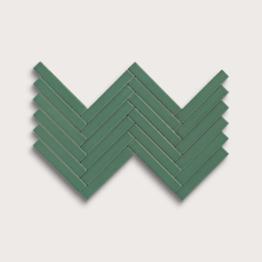 Evergreen ceramic tile, 1 by 6 inch herringbone mosaic, matte finish