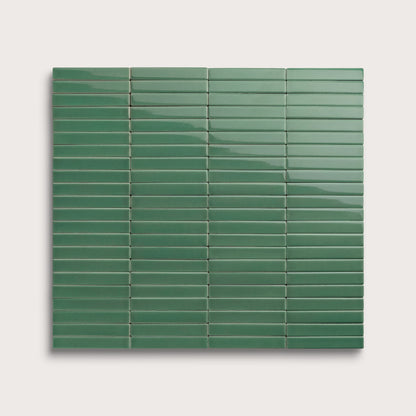 Evergreen ceramic tile, 1 by 6 inch stacked mosaic, gloss finish
