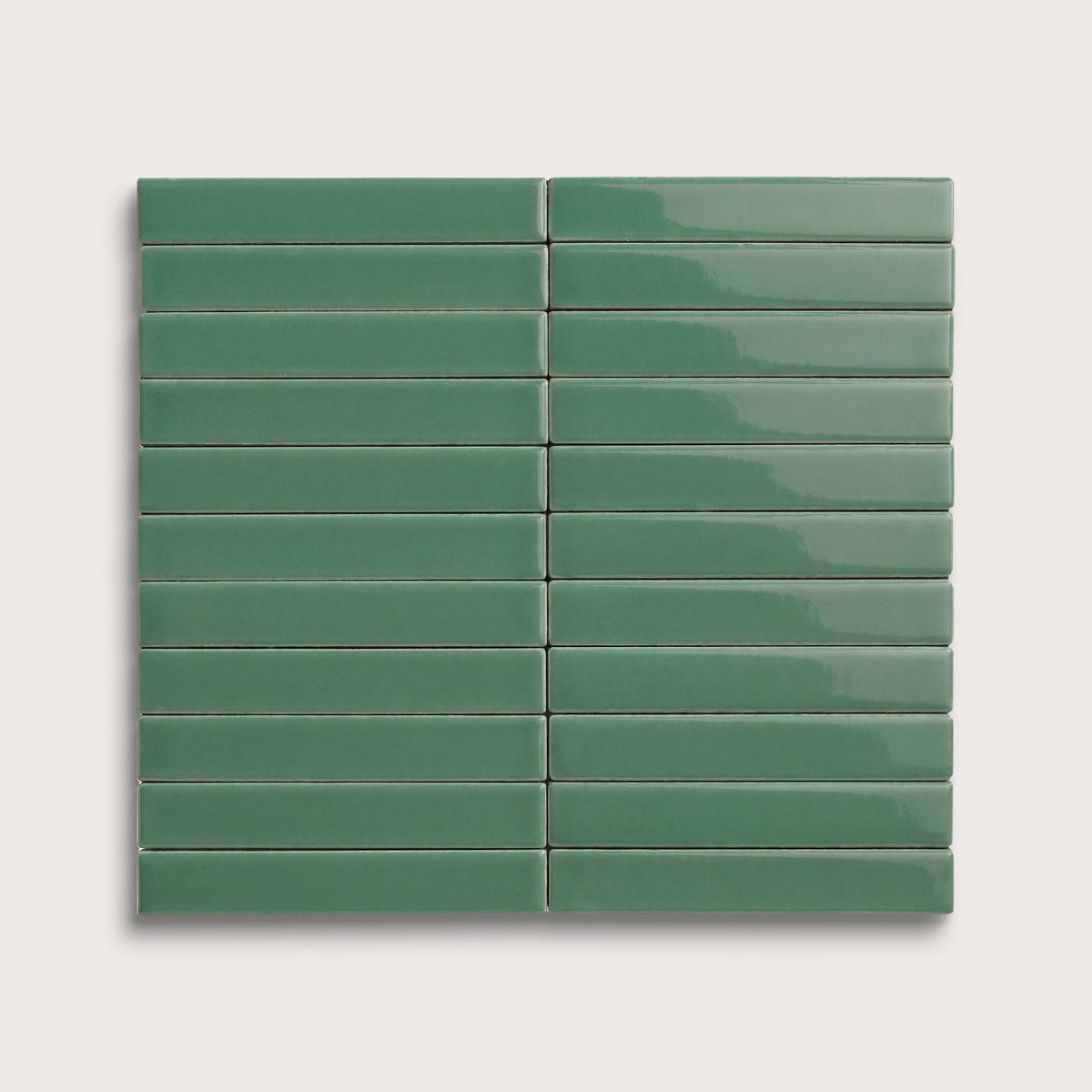 Evergreen ceramic tile, 1 by 6 inch stacked mosaic, gloss finish
