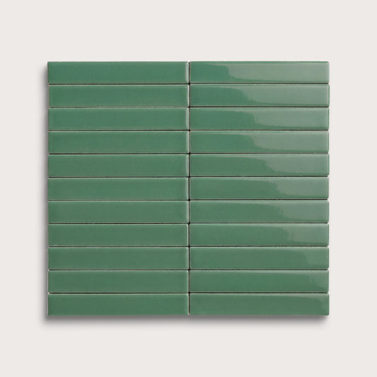 Evergreen ceramic tile, 1 by 6 inch stacked mosaic, gloss finish