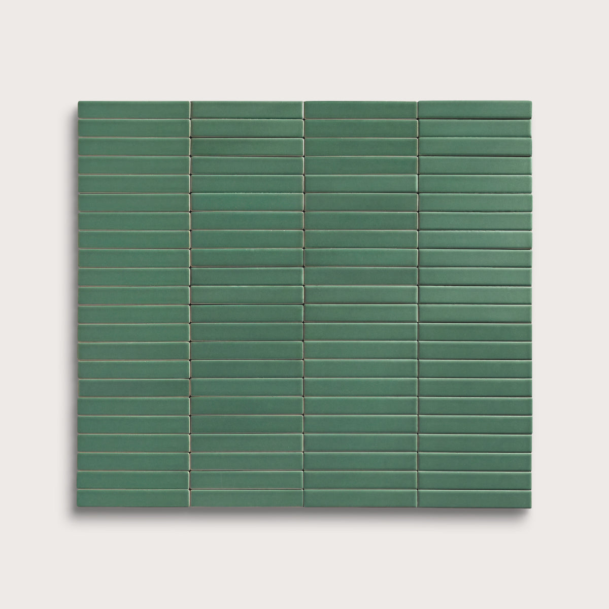 Evergreen ceramic tile, 1 by 6 inch stacked mosaic, matte finish