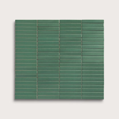 Evergreen ceramic tile, 1 by 6 inch stacked mosaic, matte finish