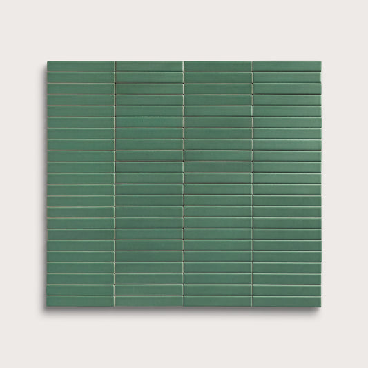 Evergreen ceramic tile, 1 by 6 inch stacked mosaic, matte finish
