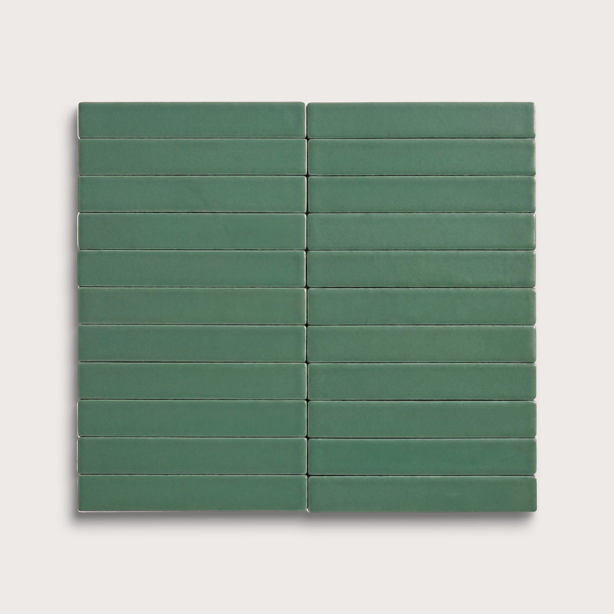 Evergreen ceramic tile, 1 by 6 inch stacked mosaic, matte finish