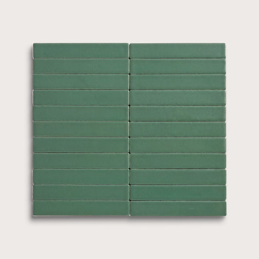Evergreen ceramic tile, 1 by 6 inch stacked mosaic, matte finish