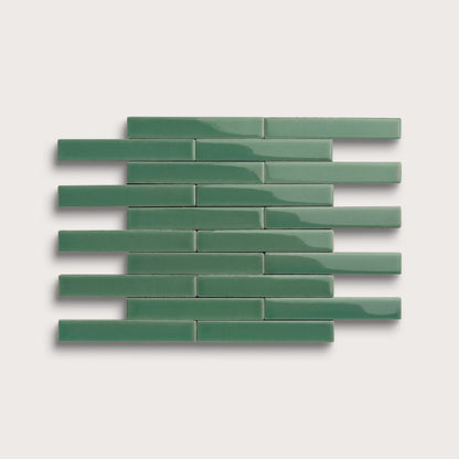 Evergreen ceramic tile, 1 by 6 inch subway mosaic, gloss finish
