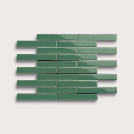 Evergreen ceramic tile, 1 by 6 inch subway mosaic, gloss finish