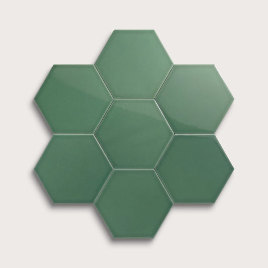 Evergreen ceramic tile, 8 inch hex, gloss finish