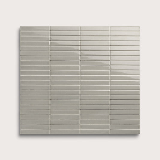 Fog ceramic tile, 1 by 6 inch stacked mosaic, gloss finish
