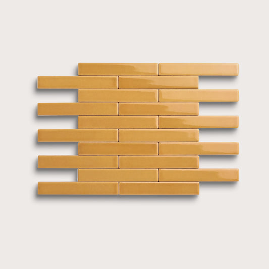 Gambol Gold ceramic tile, 1 by 6 inch subway mosaic, gloss finish