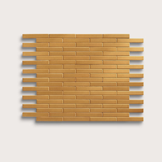 Gambol Gold ceramic tile, 1 by 6 inch subway mosaic, matte finish