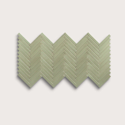 Ghetty Green ceramic tile, 1 by 6 inch herringbone mosaic, matte finish