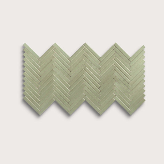 Ghetty Green ceramic tile, 1 by 6 inch herringbone mosaic, matte finish