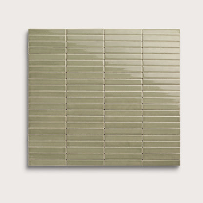 Ghetty Green ceramic tile, 1 by 6 inch stacked mosaic, gloss finish