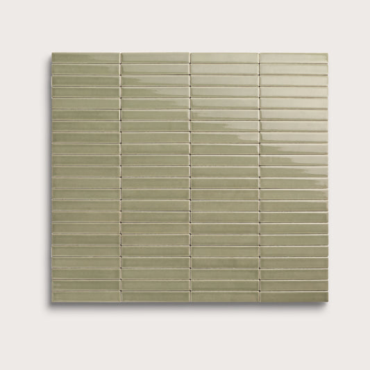Ghetty Green ceramic tile, 1 by 6 inch stacked mosaic, gloss finish