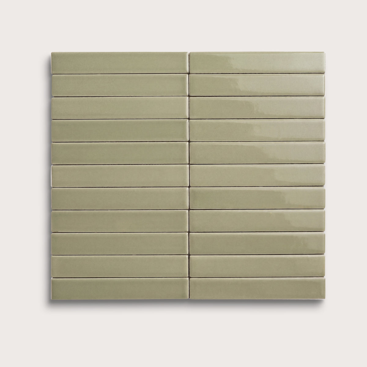 Ghetty Green ceramic tile, 1 by 6 inch stacked mosaic, gloss finish