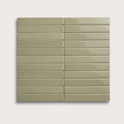 Ghetty Green ceramic tile, 1 by 6 inch stacked mosaic, gloss finish