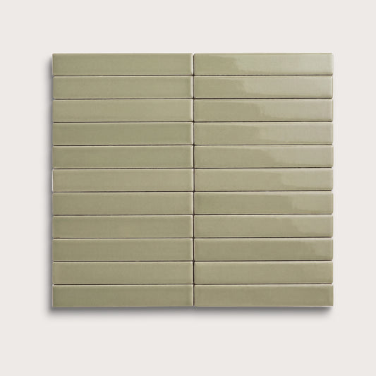 Ghetty Green ceramic tile, 1 by 6 inch stacked mosaic, gloss finish